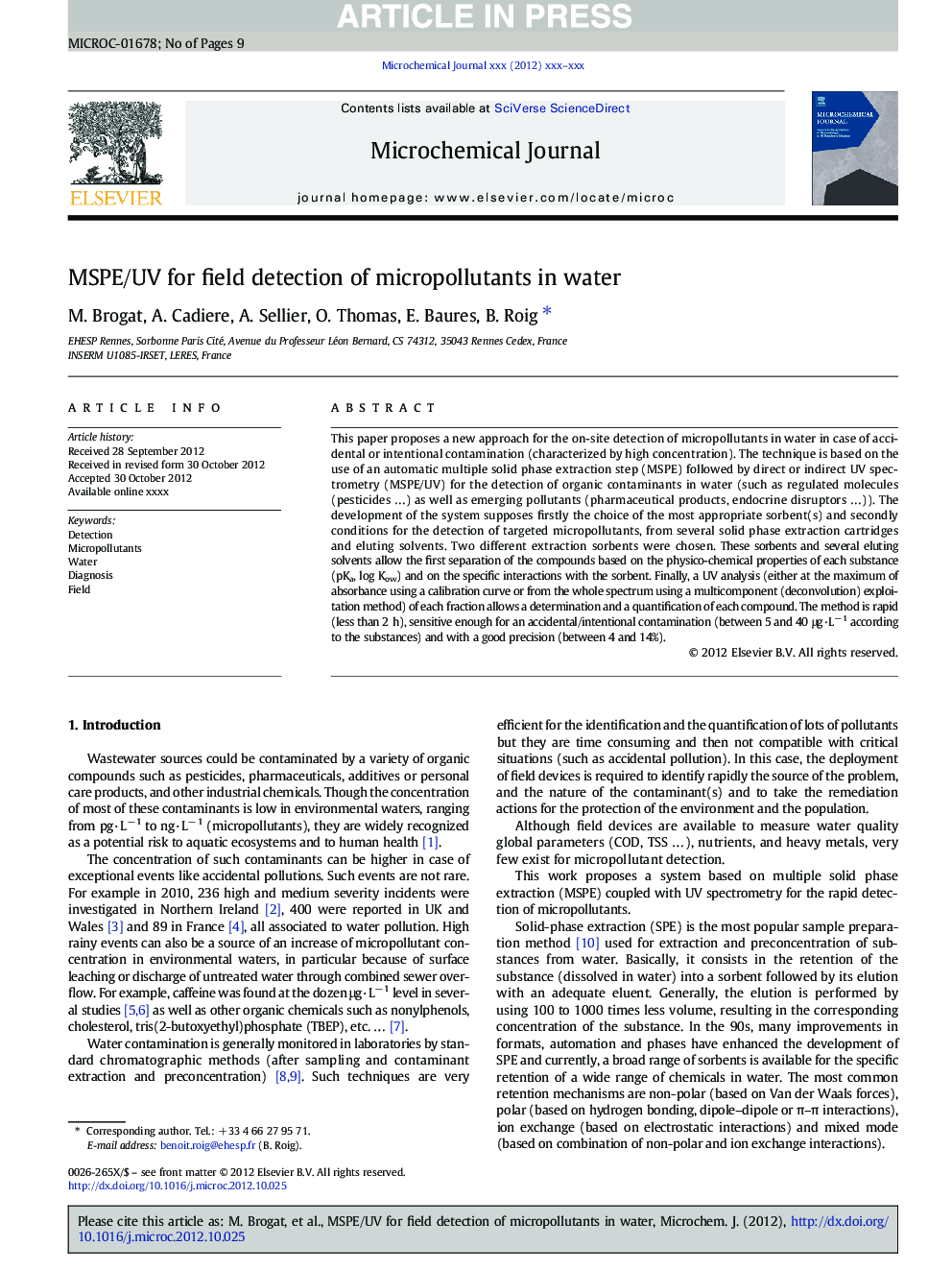 MSPE/UV for field detection of micropollutants in water