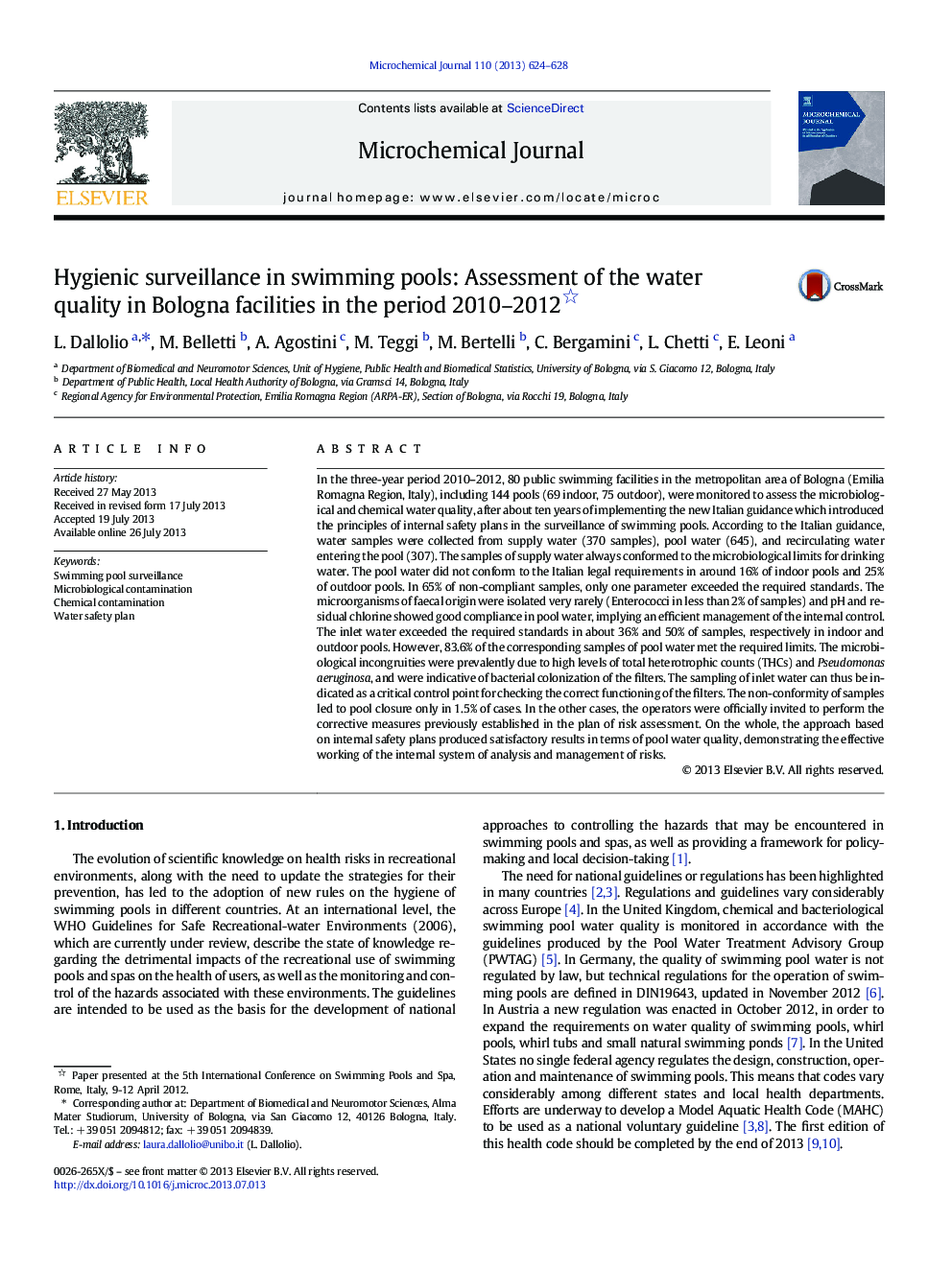 Hygienic surveillance in swimming pools: Assessment of the water quality in Bologna facilities in the period 2010-2012