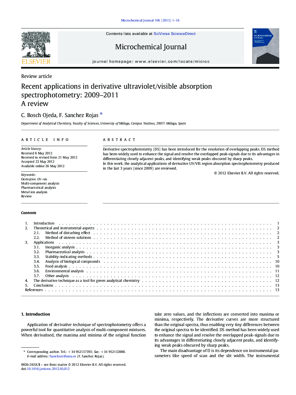 کاربرد های اخیر در اسپکتروفتومتری جذب ماوراء بنفش / جذب مشتق شده: 2009-2011 