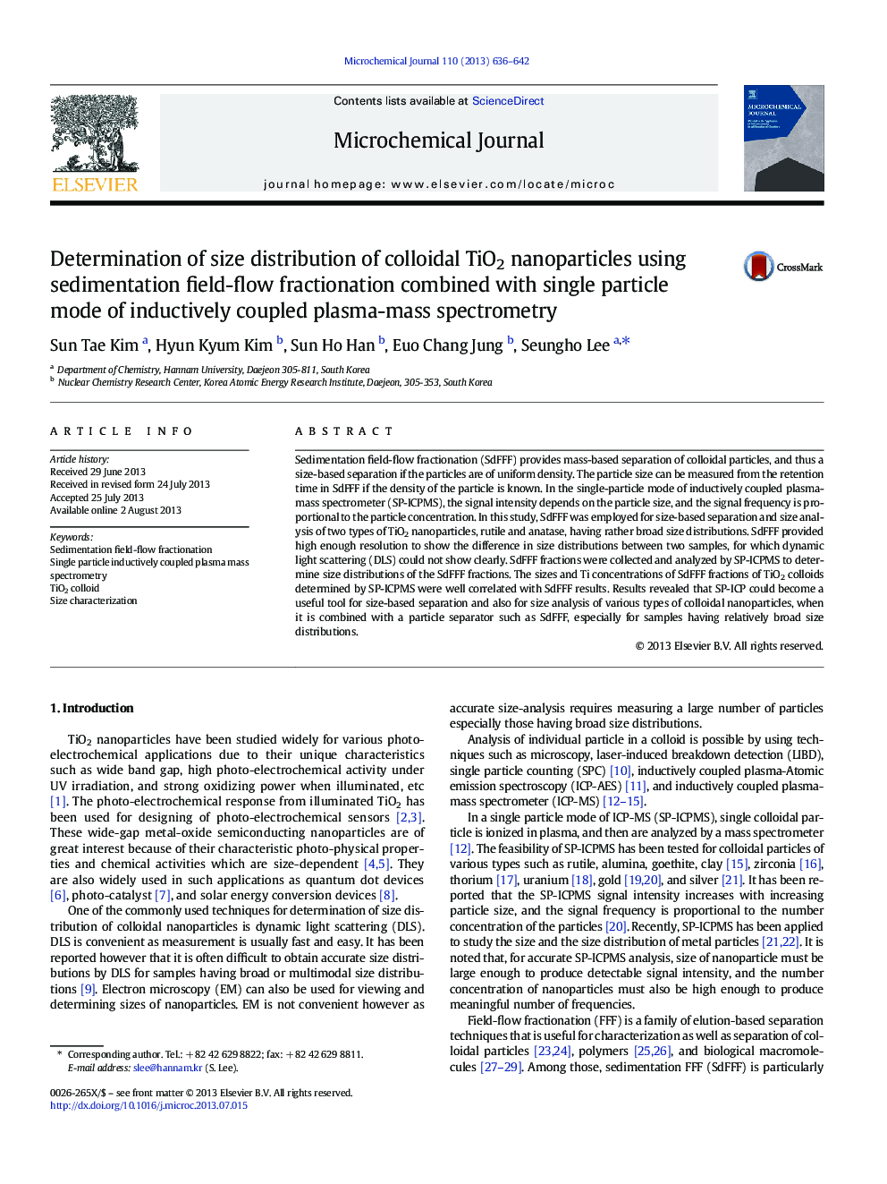 Determination of size distribution of colloidal TiO2 nanoparticles using sedimentation field-flow fractionation combined with single particle mode of inductively coupled plasma-mass spectrometry