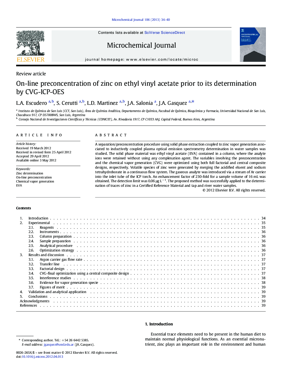 On-line preconcentration of zinc on ethyl vinyl acetate prior to its determination by CVG-ICP-OES