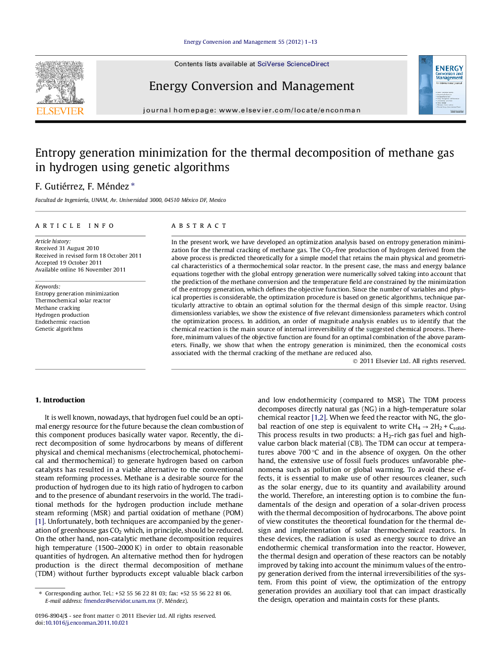 Entropy generation minimization for the thermal decomposition of methane gas in hydrogen using genetic algorithms