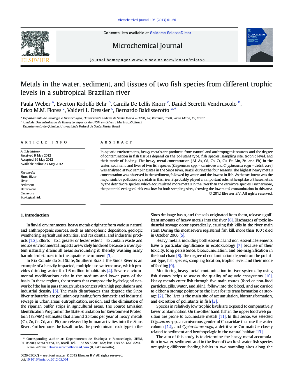 Metals in the water, sediment, and tissues of two fish species from different trophic levels in a subtropical Brazilian river