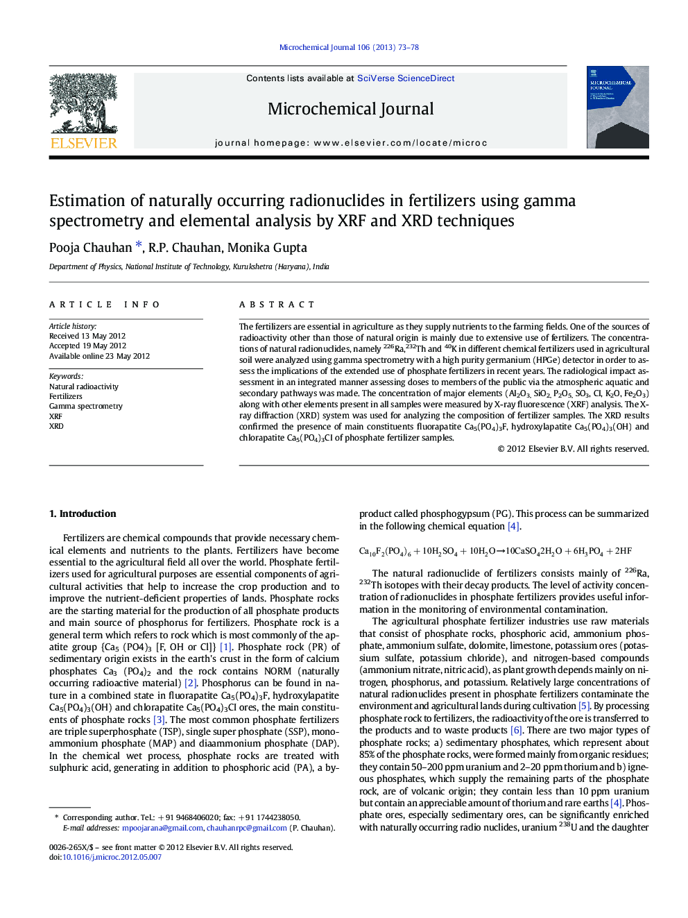 Estimation of naturally occurring radionuclides in fertilizers using gamma spectrometry and elemental analysis by XRF and XRD techniques