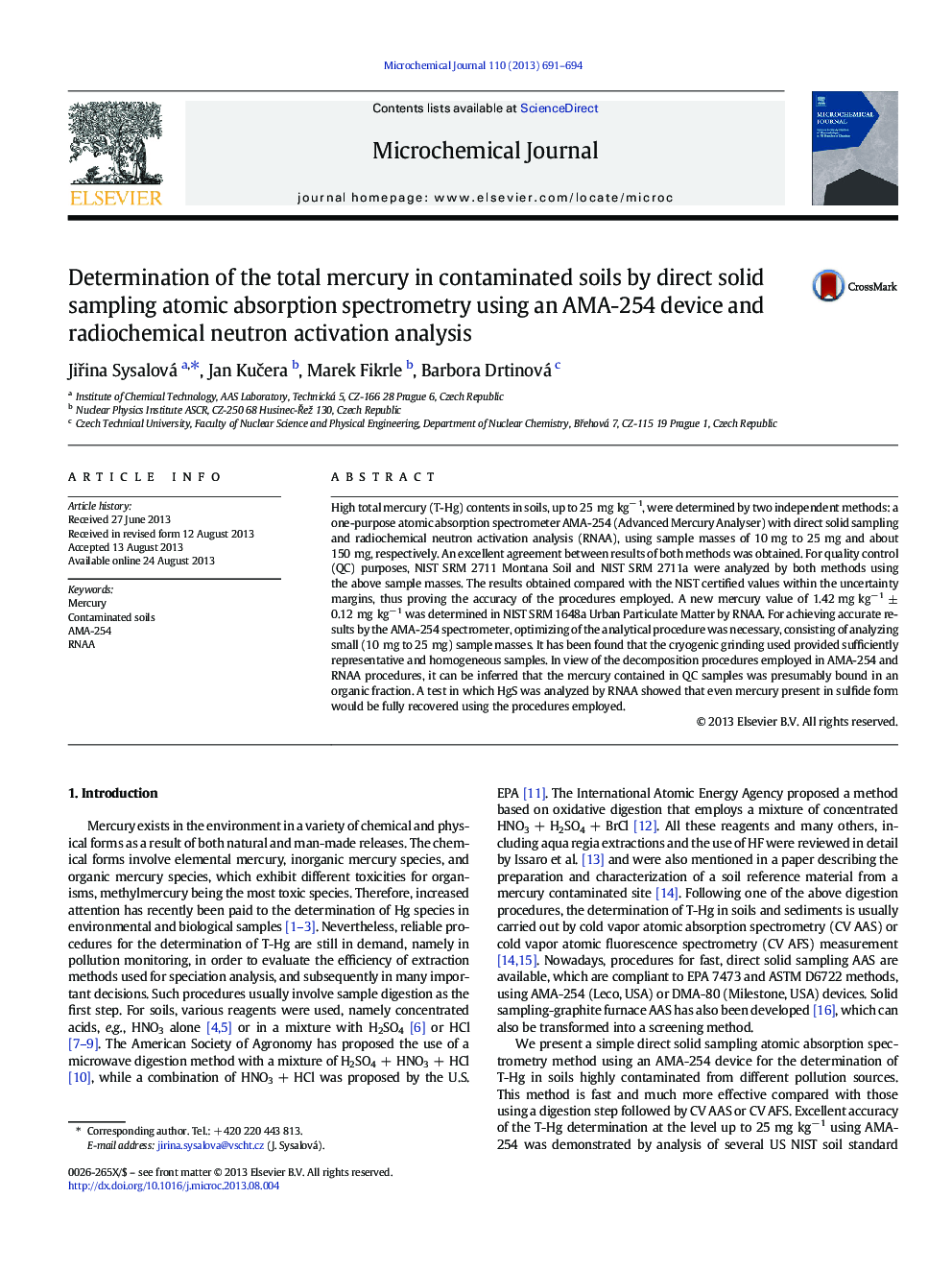 Determination of the total mercury in contaminated soils by direct solid sampling atomic absorption spectrometry using an AMA-254 device and radiochemical neutron activation analysis