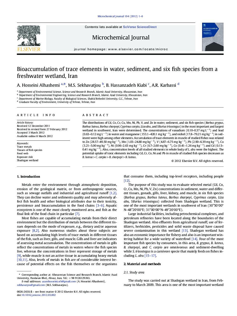 Bioaccumulation of trace elements in water, sediment, and six fish species from a freshwater wetland, Iran