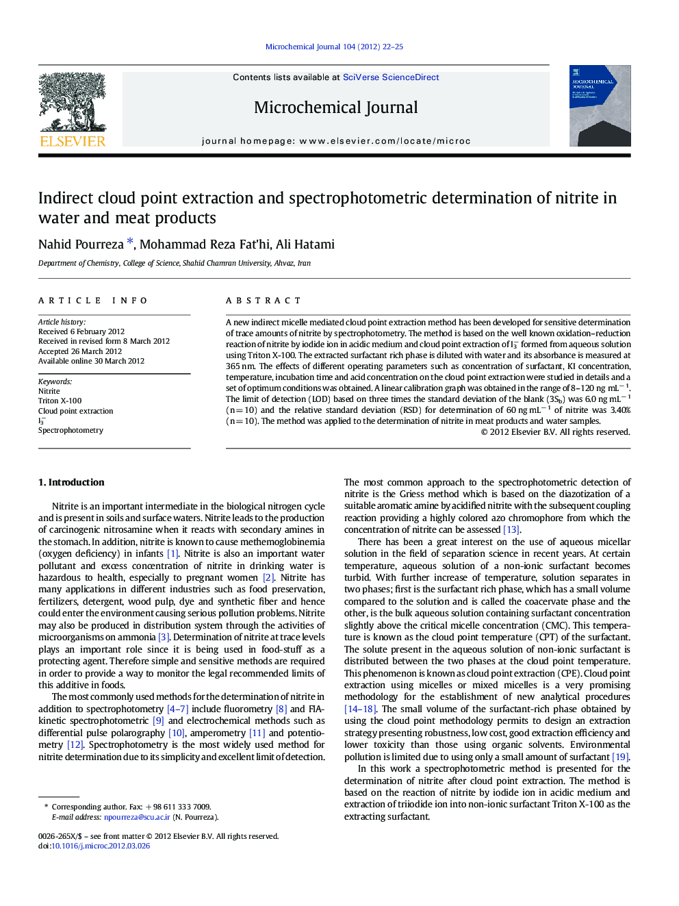 Indirect cloud point extraction and spectrophotometric determination of nitrite in water and meat products