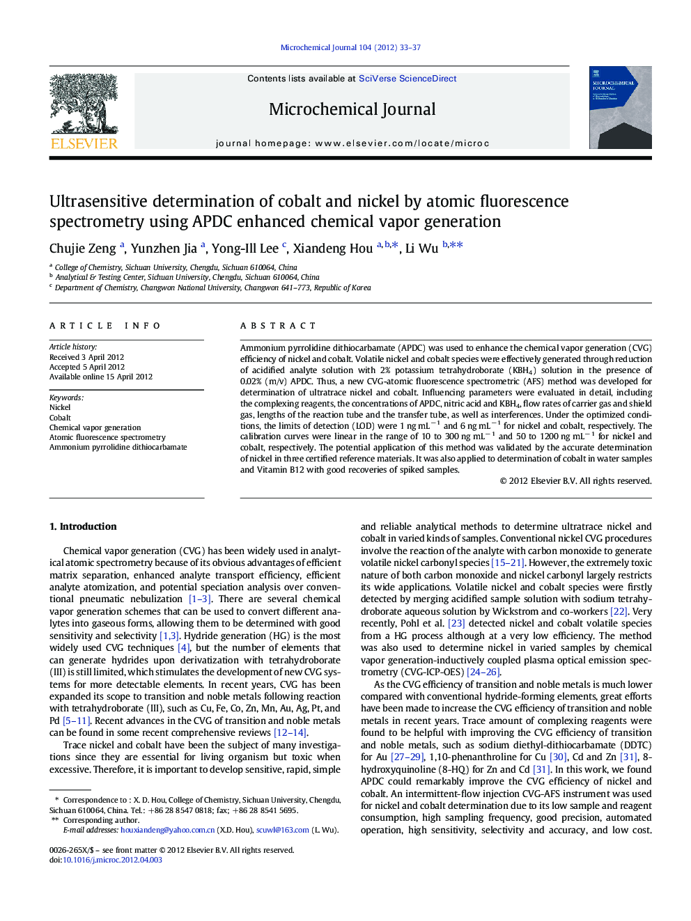 Ultrasensitive determination of cobalt and nickel by atomic fluorescence spectrometry using APDC enhanced chemical vapor generation