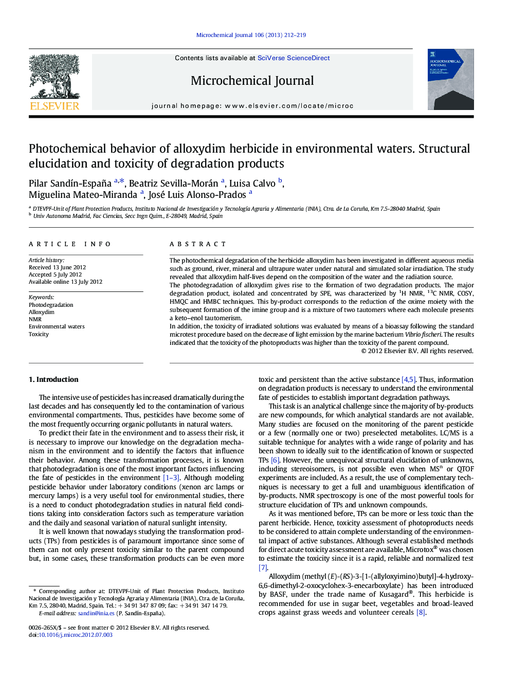 Photochemical behavior of alloxydim herbicide in environmental waters. Structural elucidation and toxicity of degradation products