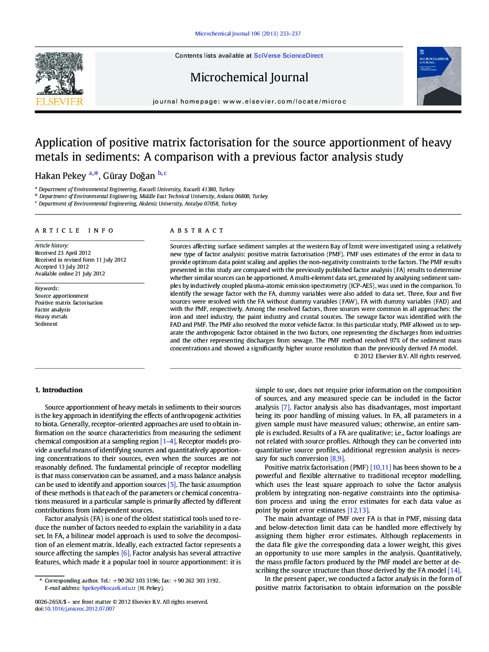 Application of positive matrix factorisation for the source apportionment of heavy metals in sediments: A comparison with a previous factor analysis study