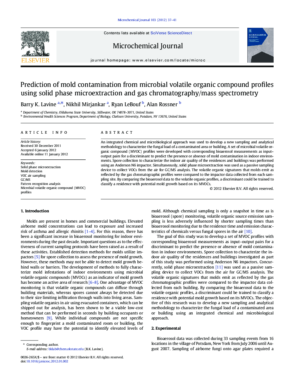 Prediction of mold contamination from microbial volatile organic compound profiles using solid phase microextraction and gas chromatography/mass spectrometry