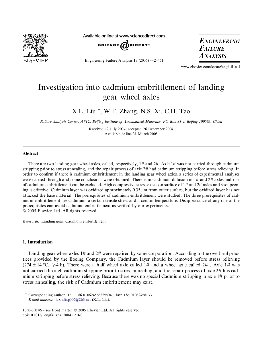 Investigation into cadmium embrittlement of landing gear wheel axles