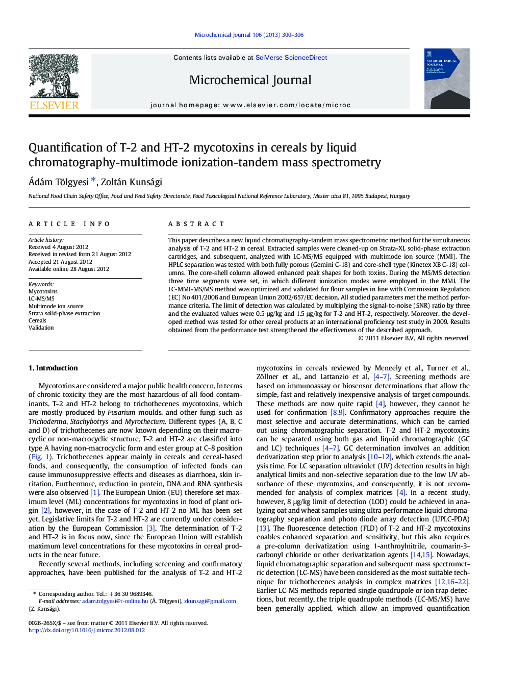 Quantification of T-2 and HT-2 mycotoxins in cereals by liquid chromatography-multimode ionization-tandem mass spectrometry