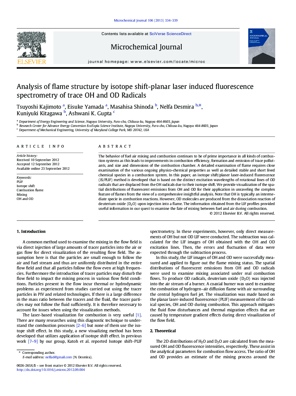 Analysis of flame structure by isotope shift-planar laser induced fluorescence spectrometry of trace OH and OD Radicals