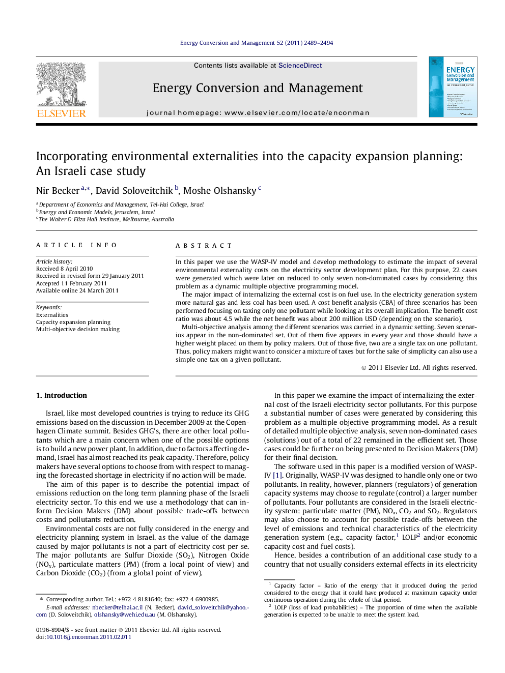 Incorporating environmental externalities into the capacity expansion planning: An Israeli case study