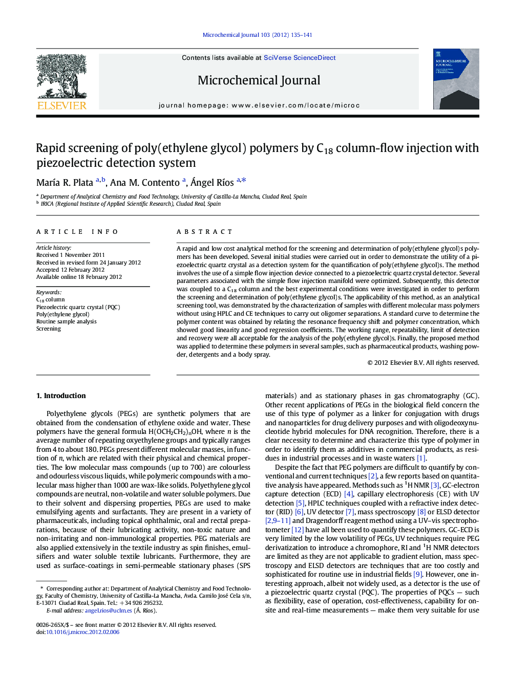 Rapid screening of poly(ethylene glycol) polymers by C18 column-flow injection with piezoelectric detection system