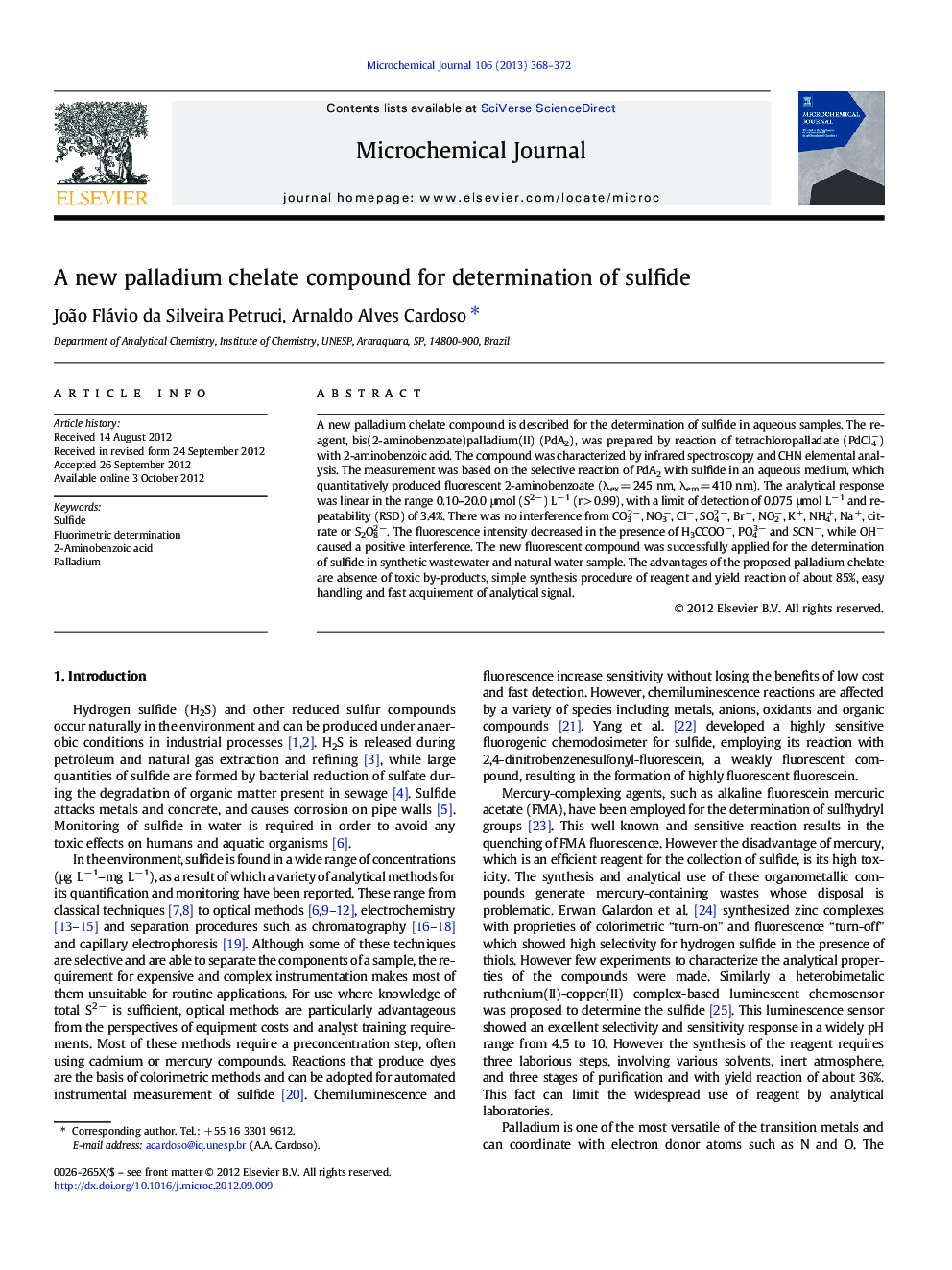 A new palladium chelate compound for determination of sulfide