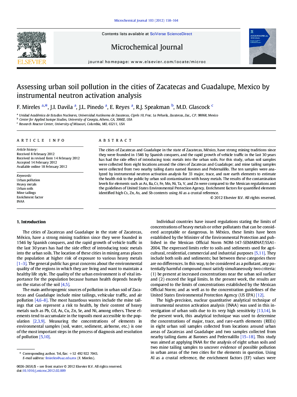 Assessing urban soil pollution in the cities of Zacatecas and Guadalupe, Mexico by instrumental neutron activation analysis