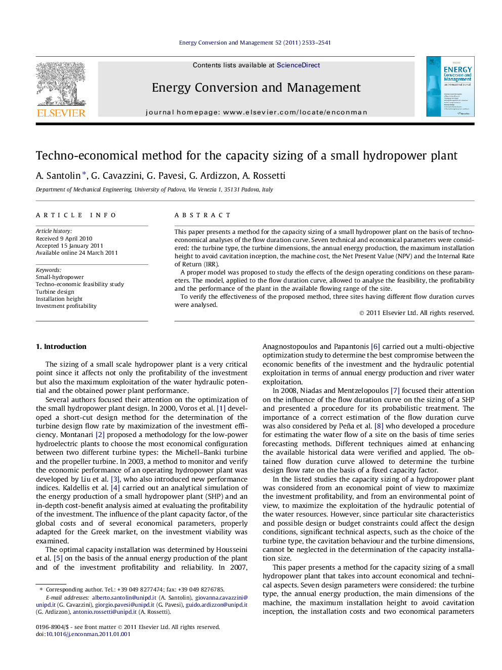 Techno-economical method for the capacity sizing of a small hydropower plant