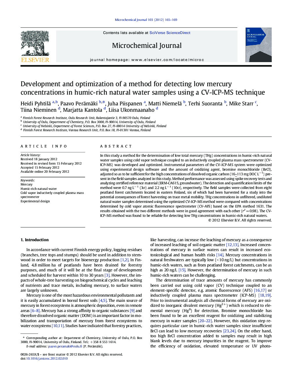 Development and optimization of a method for detecting low mercury concentrations in humic-rich natural water samples using a CV-ICP-MS technique