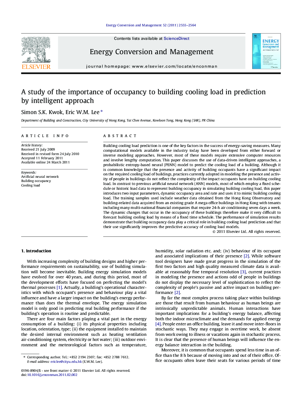 A study of the importance of occupancy to building cooling load in prediction by intelligent approach