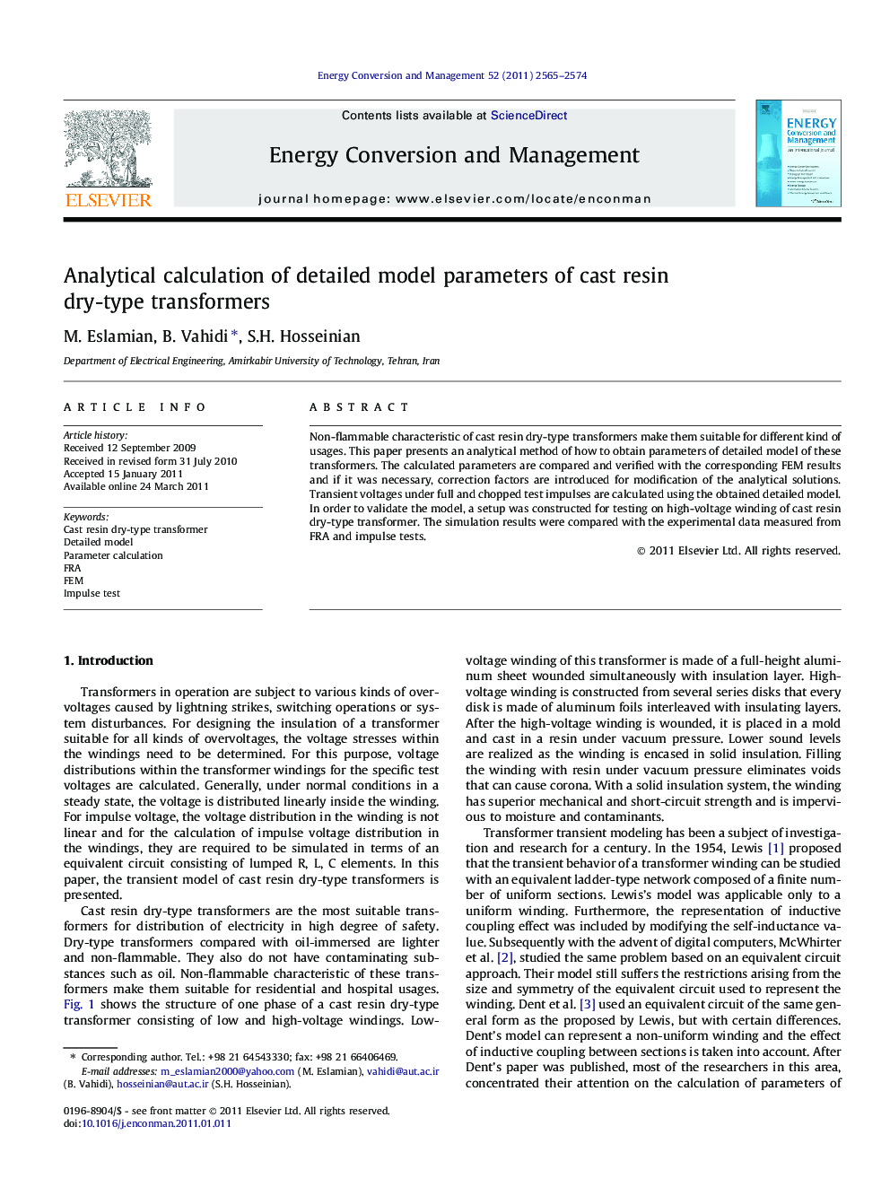 Analytical calculation of detailed model parameters of cast resin dry-type transformers