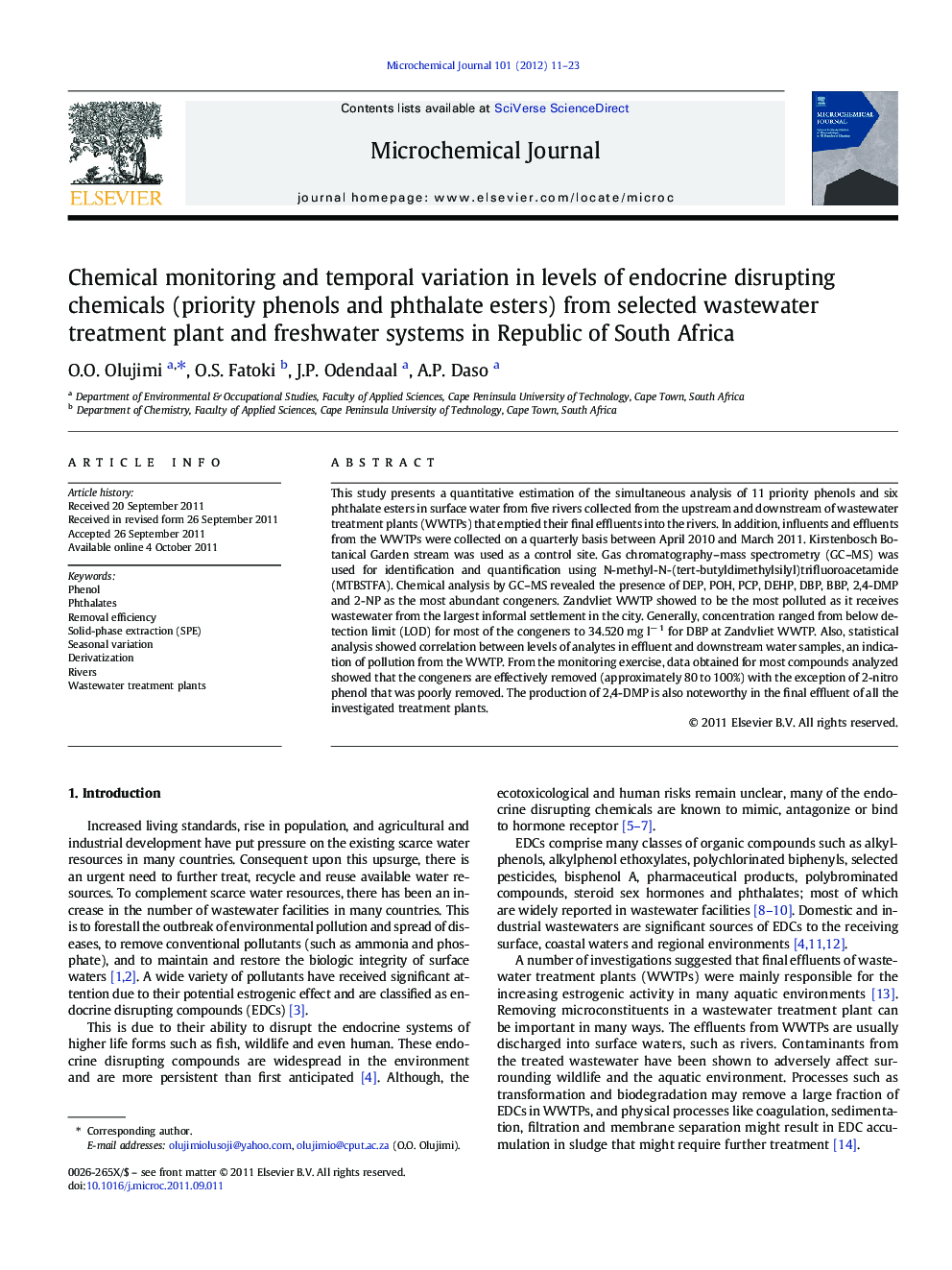 Chemical monitoring and temporal variation in levels of endocrine disrupting chemicals (priority phenols and phthalate esters) from selected wastewater treatment plant and freshwater systems in Republic of South Africa