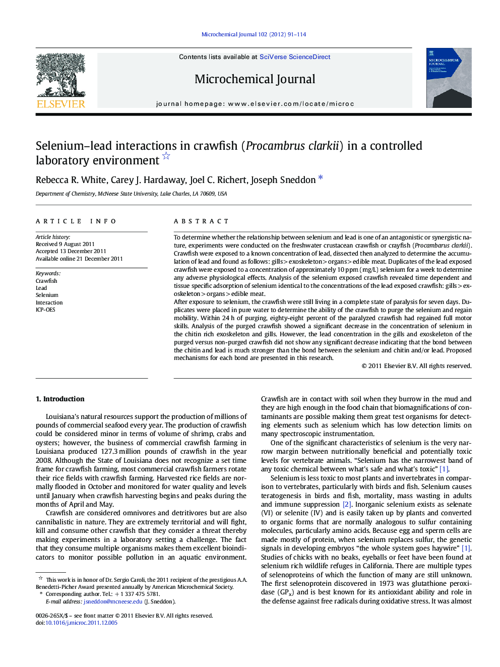 Selenium-lead interactions in crawfish (Procambrus clarkii) in a controlled laboratory environment