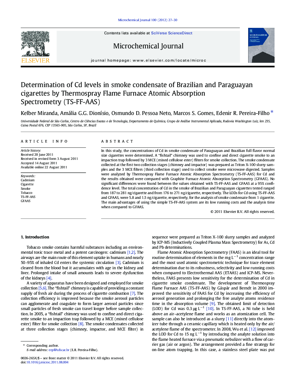 Determination of Cd levels in smoke condensate of Brazilian and Paraguayan cigarettes by Thermospray Flame Furnace Atomic Absorption Spectrometry (TS-FF-AAS)