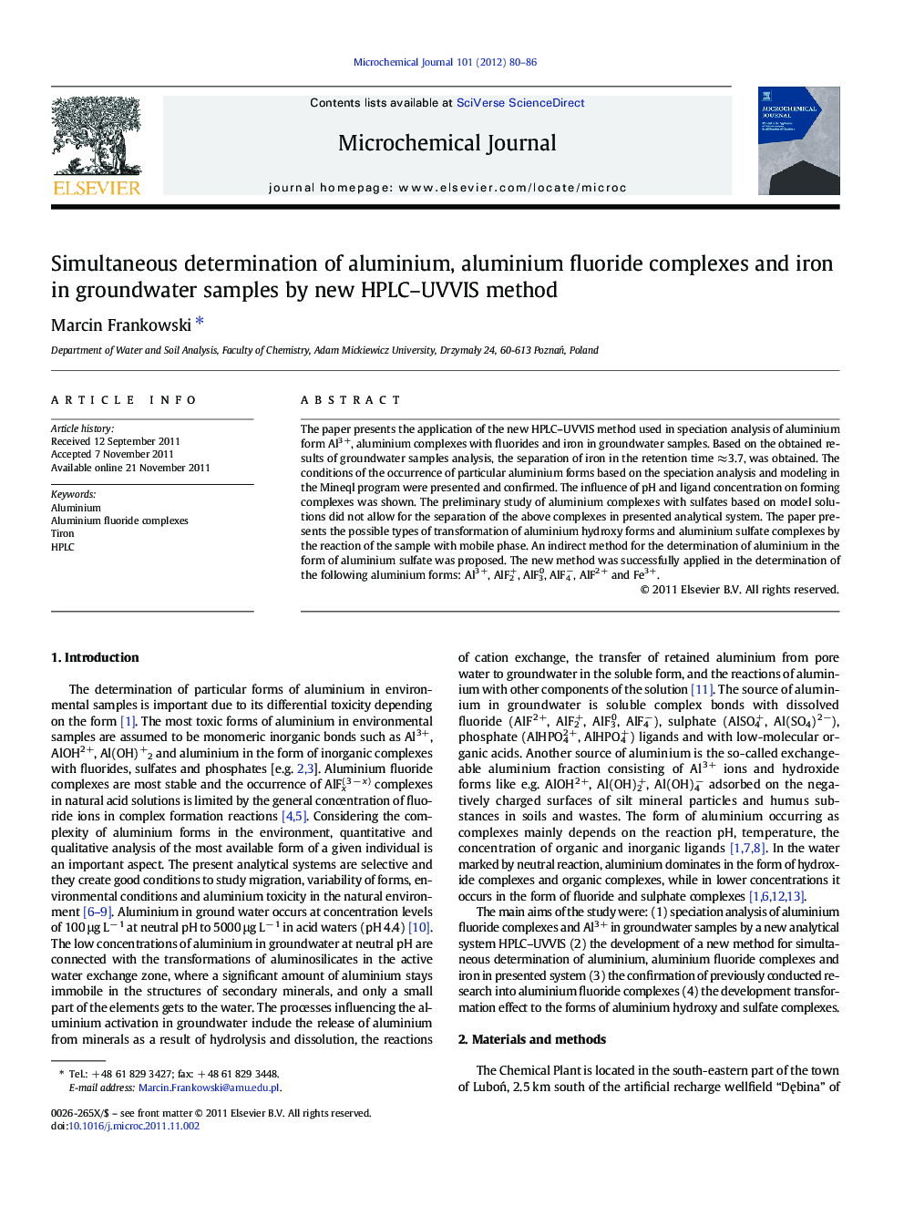 Simultaneous determination of aluminium, aluminium fluoride complexes and iron in groundwater samples by new HPLC-UVVIS method