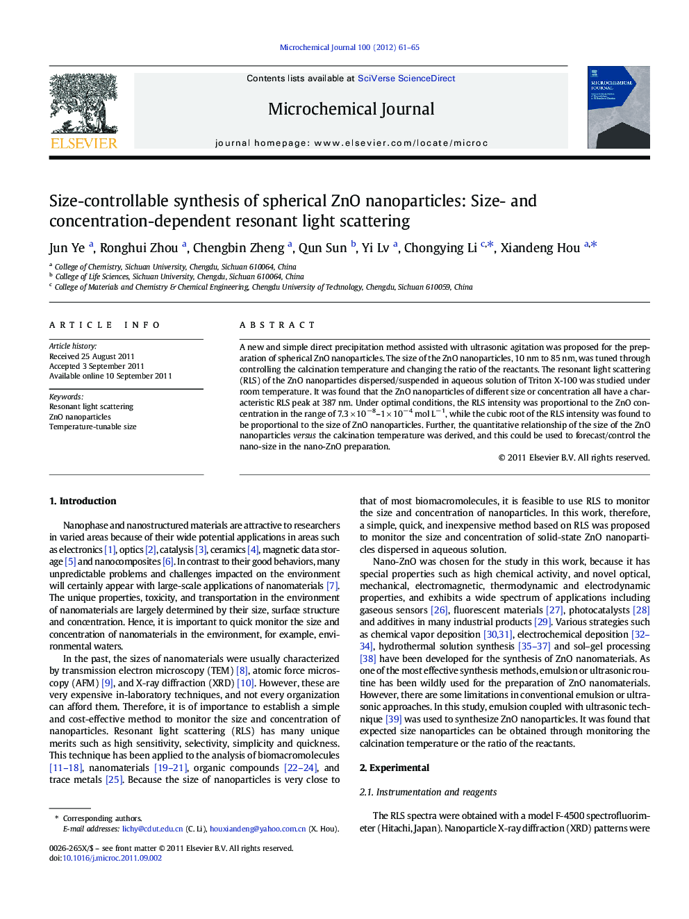 Size-controllable synthesis of spherical ZnO nanoparticles: Size- and concentration-dependent resonant light scattering