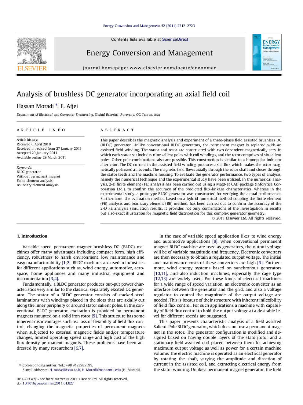 Analysis of brushless DC generator incorporating an axial field coil