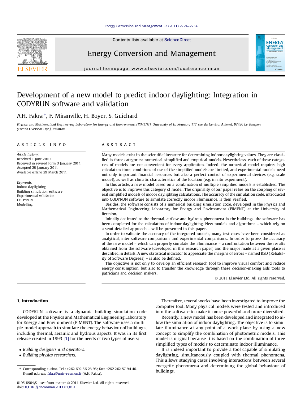 Development of a new model to predict indoor daylighting: Integration in CODYRUN software and validation