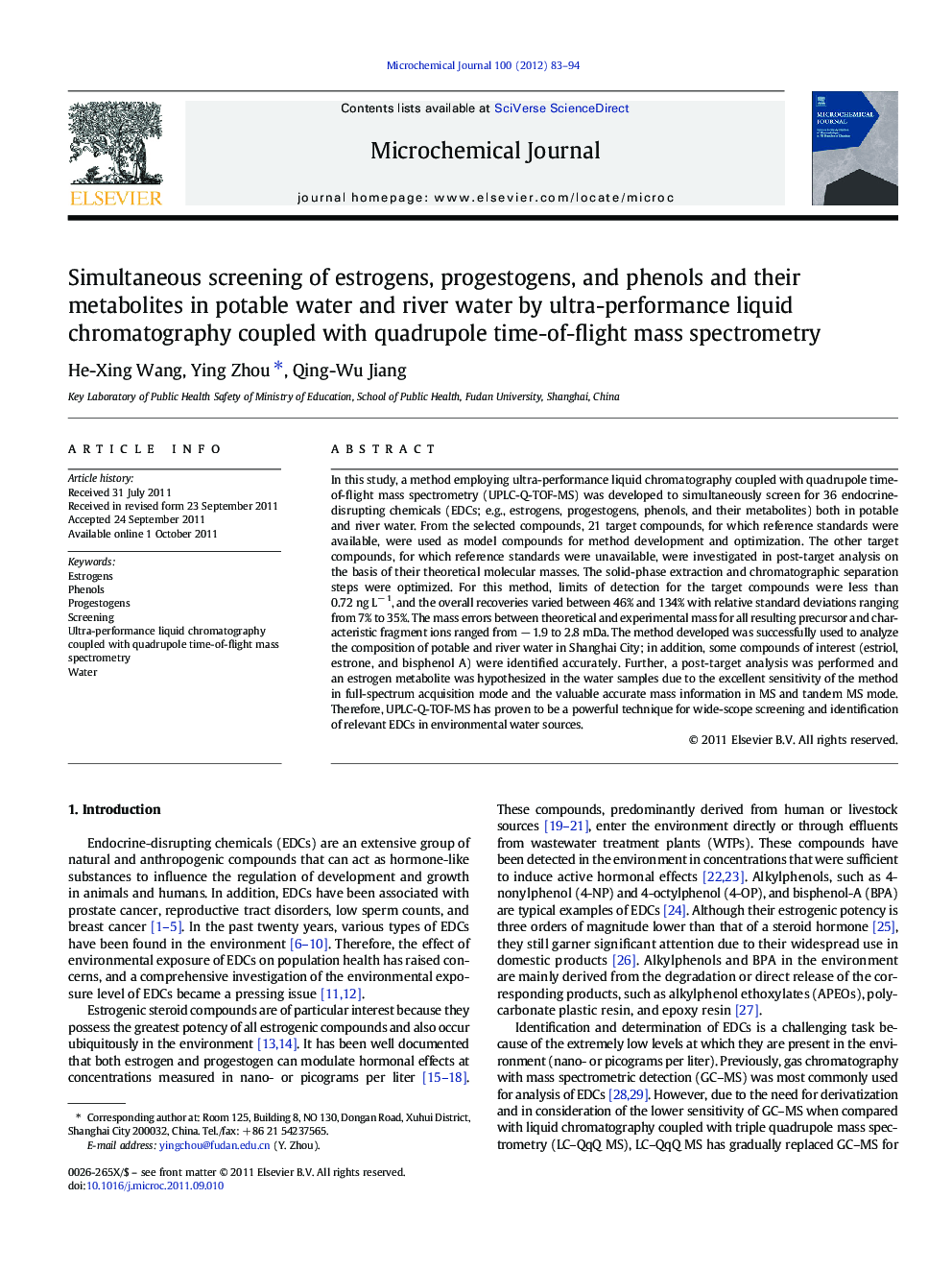 Simultaneous screening of estrogens, progestogens, and phenols and their metabolites in potable water and river water by ultra-performance liquid chromatography coupled with quadrupole time-of-flight mass spectrometry