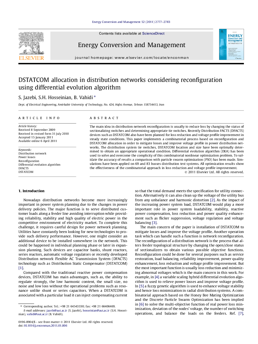 DSTATCOM allocation in distribution networks considering reconfiguration using differential evolution algorithm