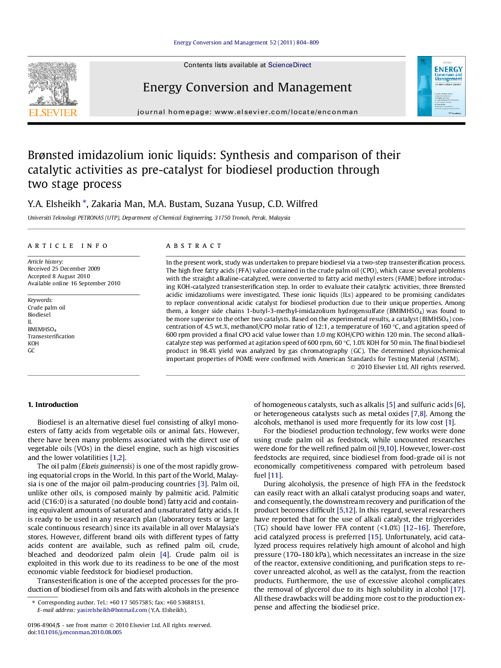 Brønsted imidazolium ionic liquids: Synthesis and comparison of their catalytic activities as pre-catalyst for biodiesel production through two stage process