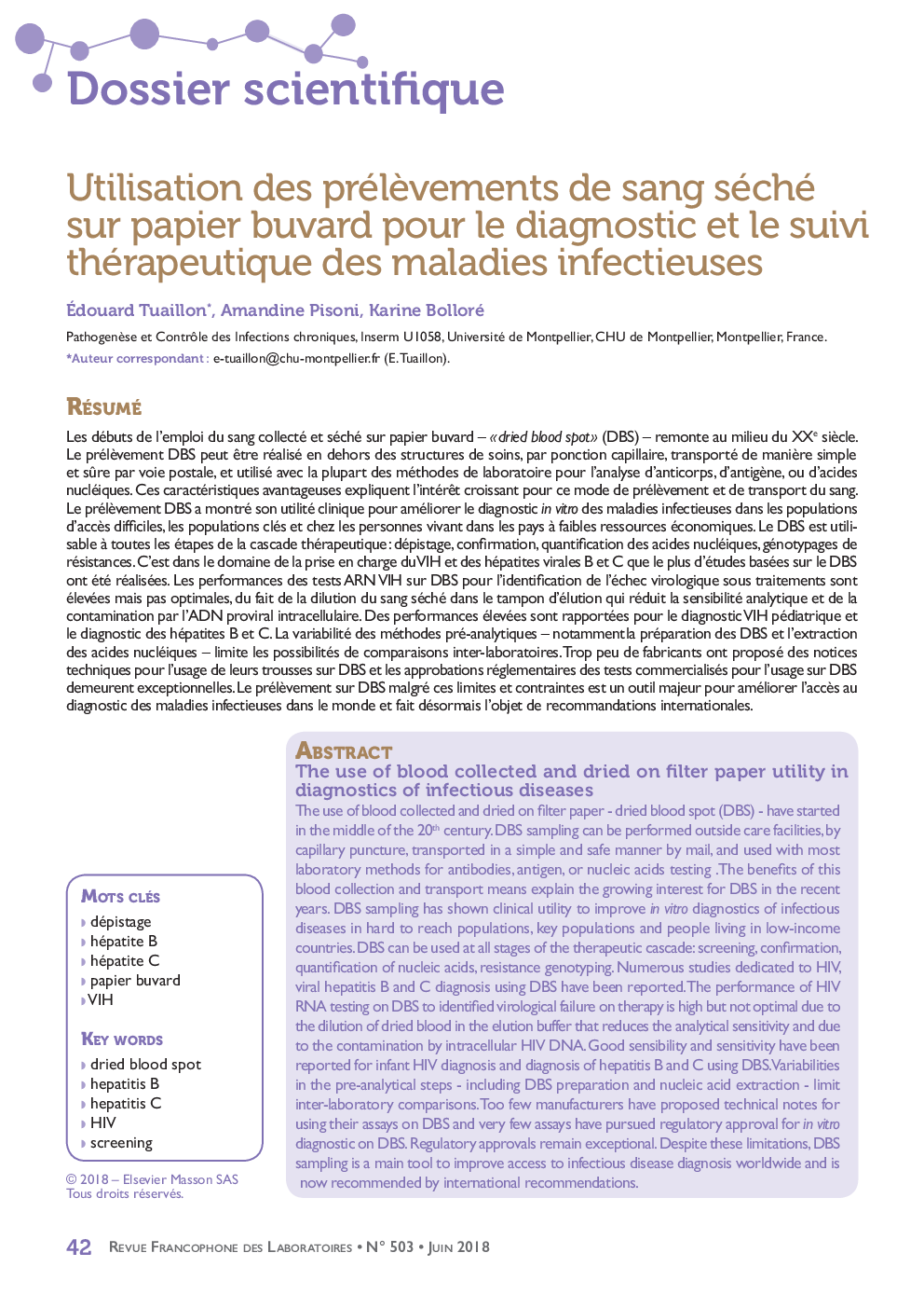 Utilisation des prélÃ¨vements de sang séché sur papier buvard pour le diagnostic et le suivi thérapeutique des maladies infectieuses