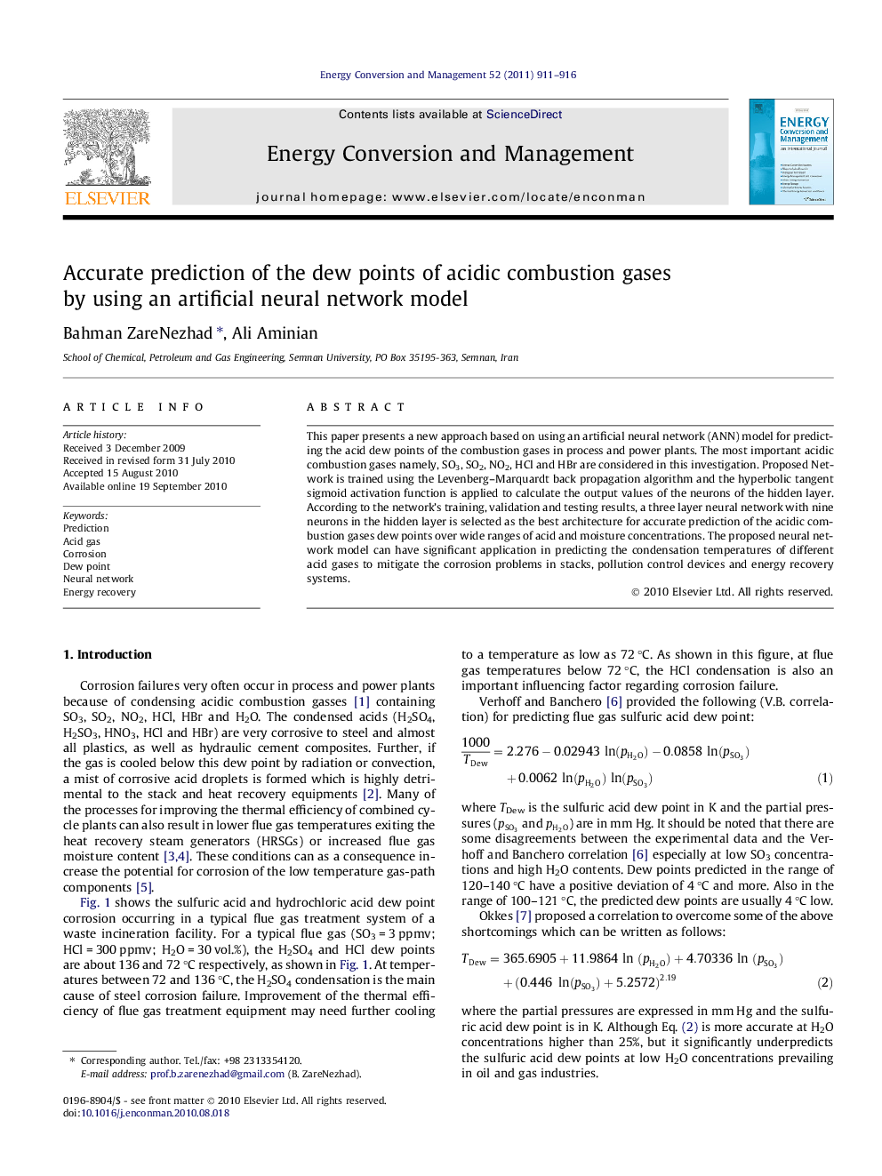 Accurate prediction of the dew points of acidic combustion gases by using an artificial neural network model