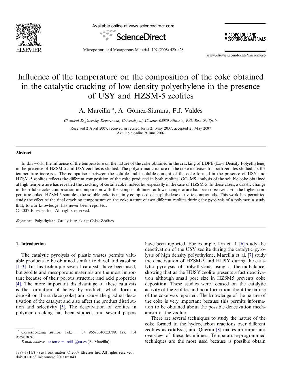 Influence of the temperature on the composition of the coke obtained in the catalytic cracking of low density polyethylene in the presence of USY and HZSM-5 zeolites