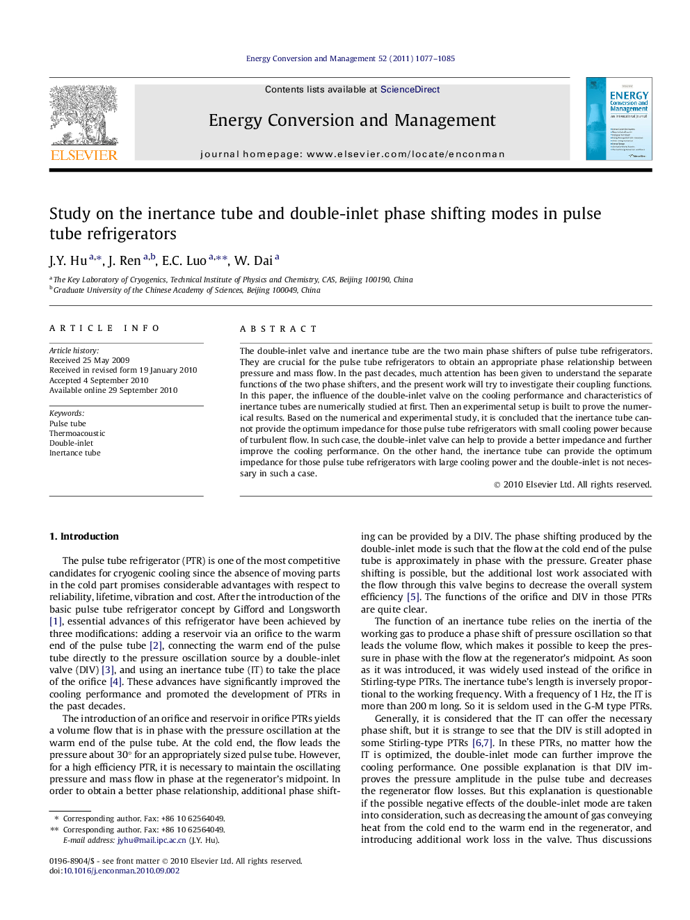 Study on the inertance tube and double-inlet phase shifting modes in pulse tube refrigerators