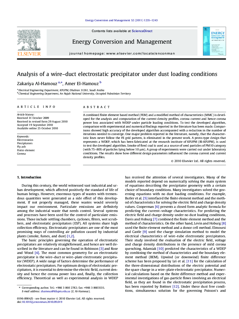 Analysis of a wire–duct electrostatic precipitator under dust loading conditions