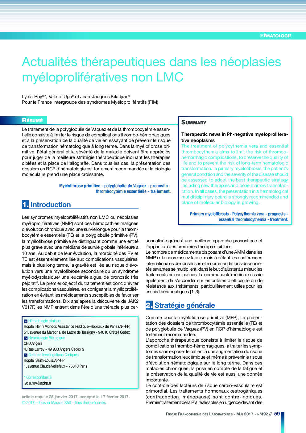 Actualités thérapeutiques dans les néoplasies myéloprolifératives non LMC