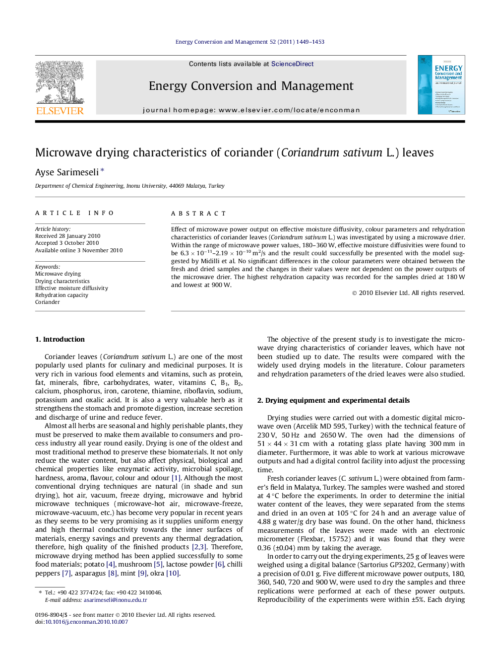 Microwave drying characteristics of coriander (Coriandrum sativum L.) leaves