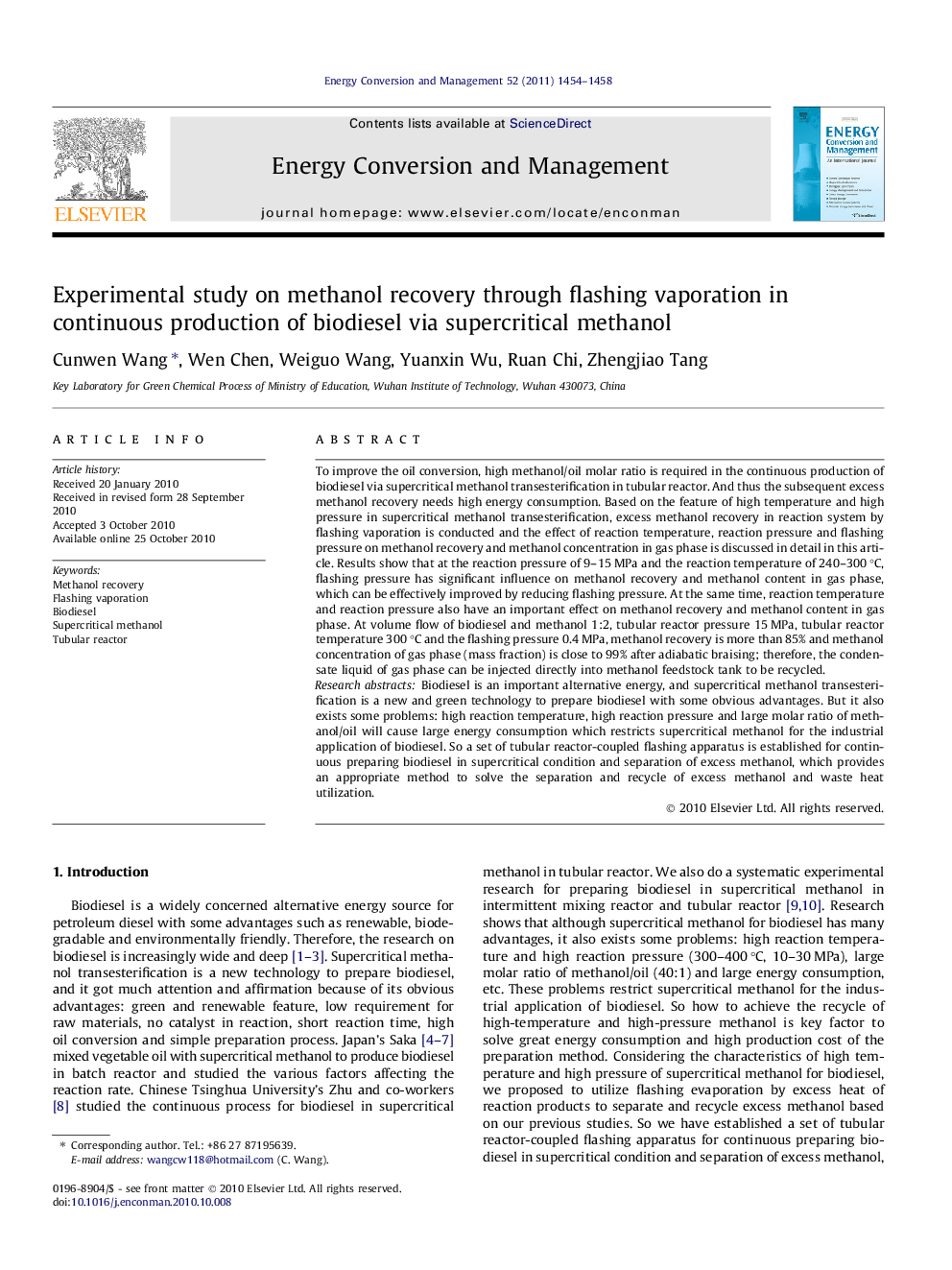 Experimental study on methanol recovery through flashing vaporation in continuous production of biodiesel via supercritical methanol