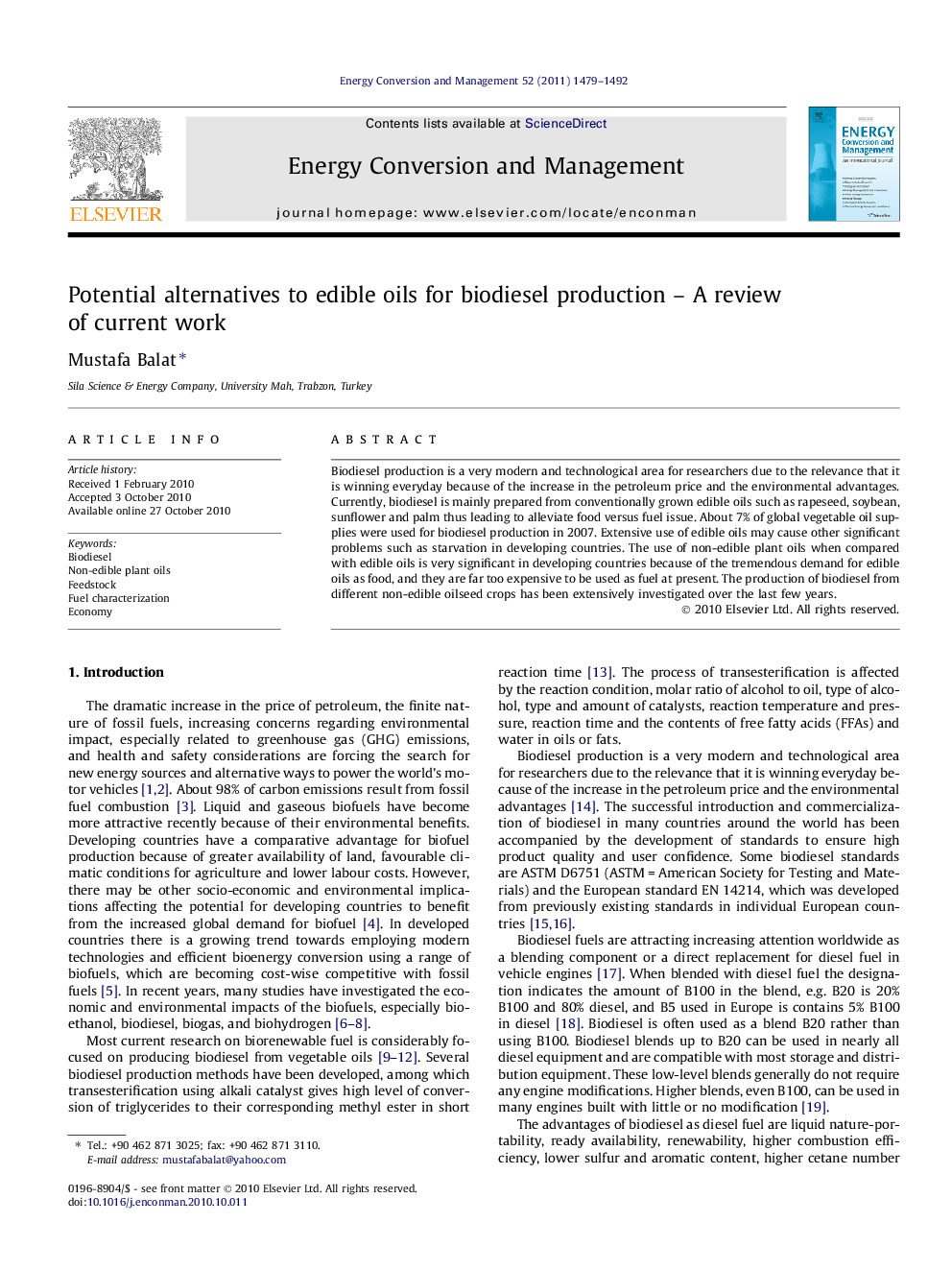 Potential alternatives to edible oils for biodiesel production – A review of current work