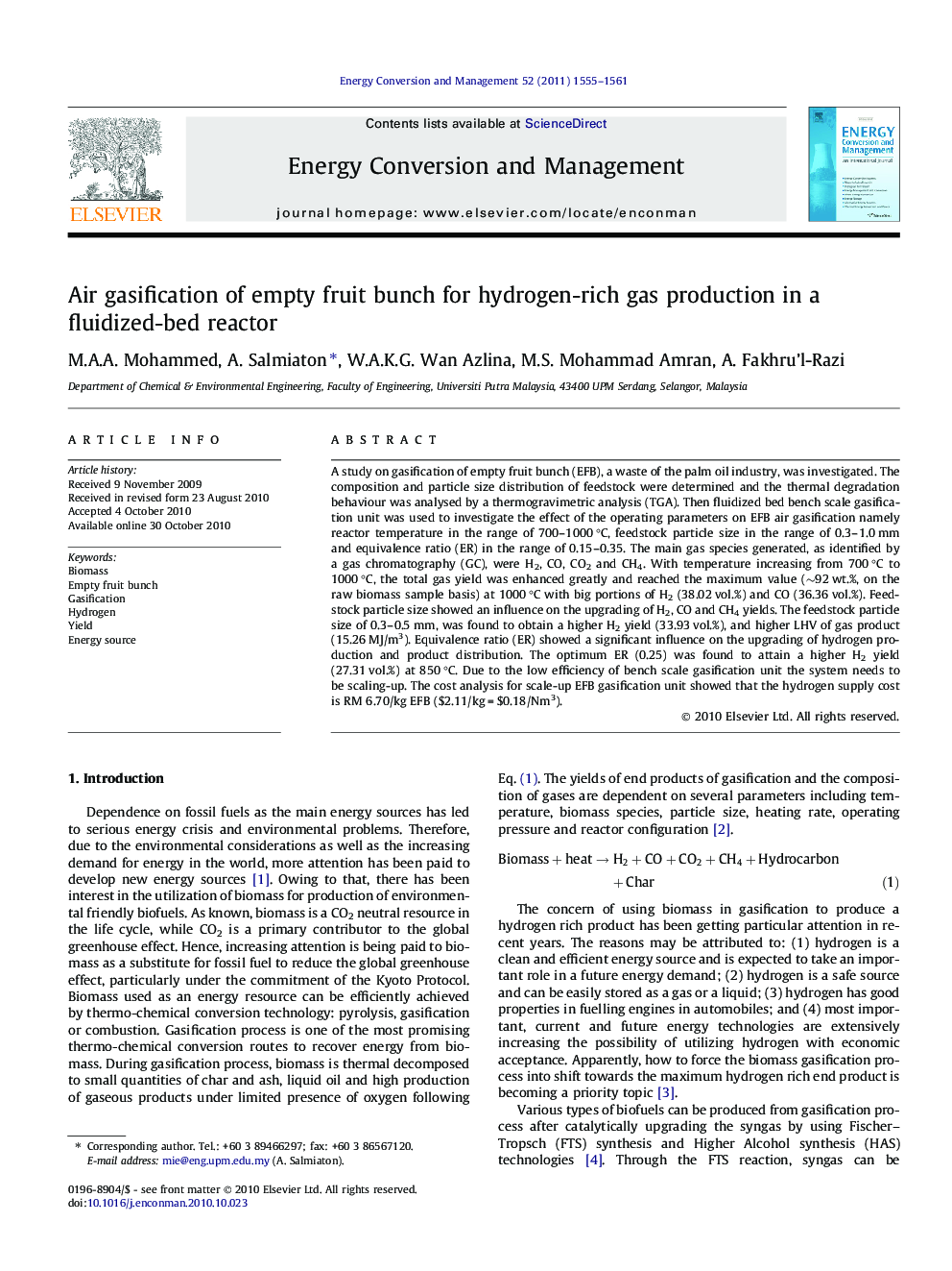 Air gasification of empty fruit bunch for hydrogen-rich gas production in a fluidized-bed reactor