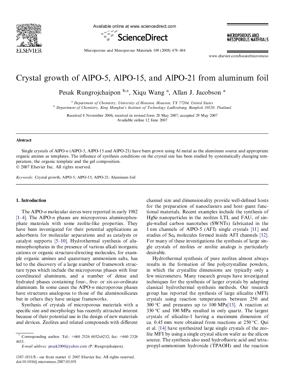 Crystal growth of AlPO-5, AlPO-15, and AlPO-21 from aluminum foil
