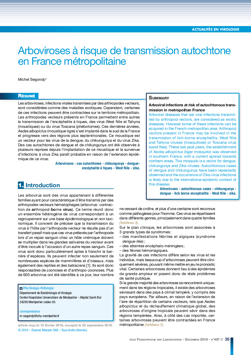 Arboviroses Ã  risque de transmission autochtone en France métropolitaine