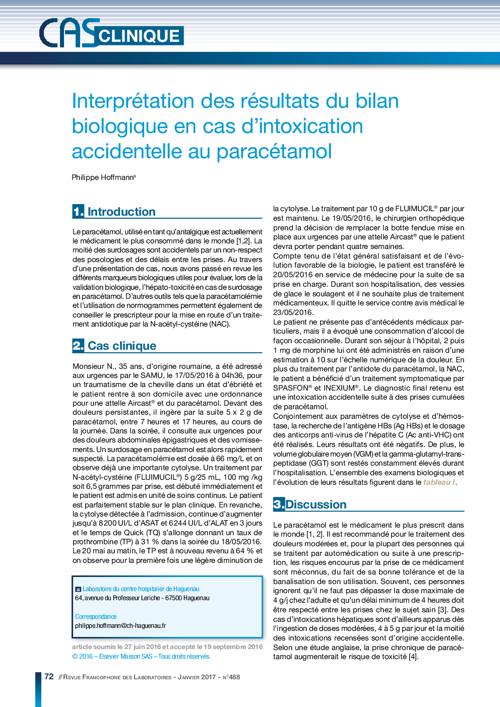 Interprétation des résultats du bilan biologique en cas d'intoxication accidentelle au paracétamol