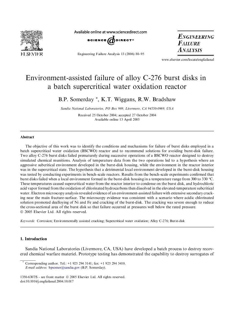 Environment-assisted failure of alloy C-276 burst disks in a batch supercritical water oxidation reactor